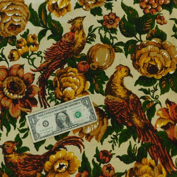 Vintage 60s Golding Upholstery Fabric BOWER 4 1/3 yards Pheasant Floral Gold NEW - Picture 10 of 12